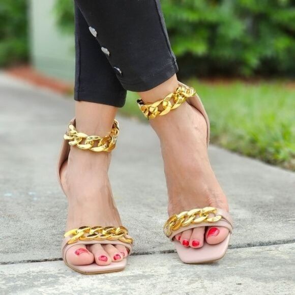 Womens Ankle Strap Heels Chains Stiletto Sandals Blush Color - Picture 2 of 5